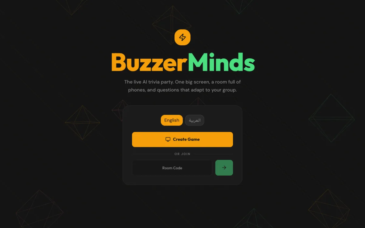 Screenshot of BuzzerMinds, an AI-generated trivia show interface.