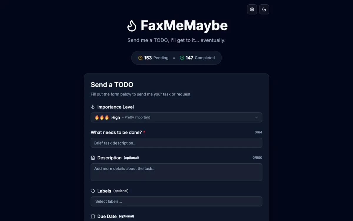 Screenshot of FaxMeMaybe, an over-engineered TODO and reminder system.
